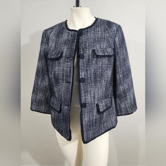 Talbots Jackets & Blazers - Talbots wool blend blazer women's sz 10 navy blue and white tweed 3/4 sleeve